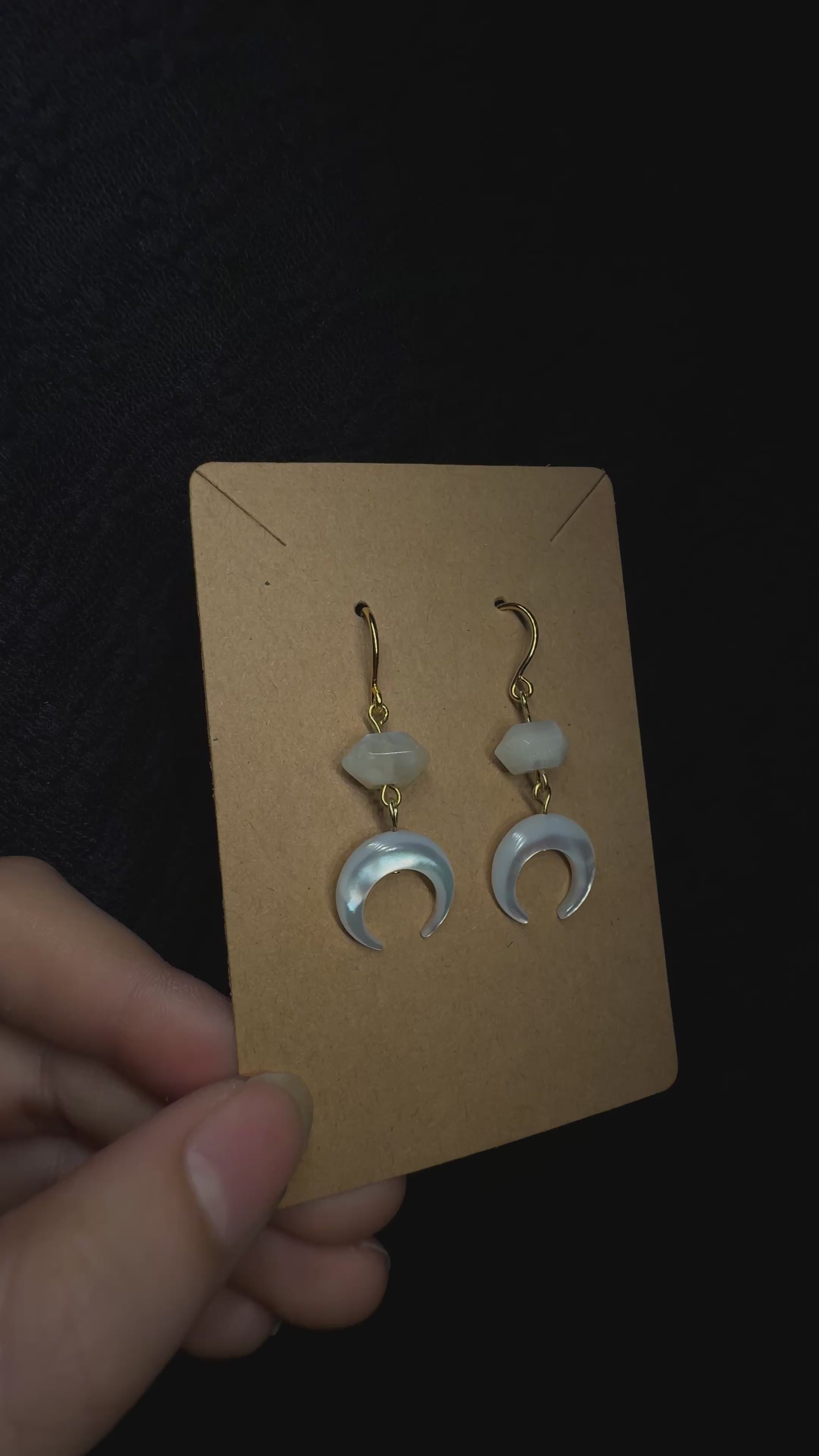 Crescent moon earrings - mother of pearl with moonstone