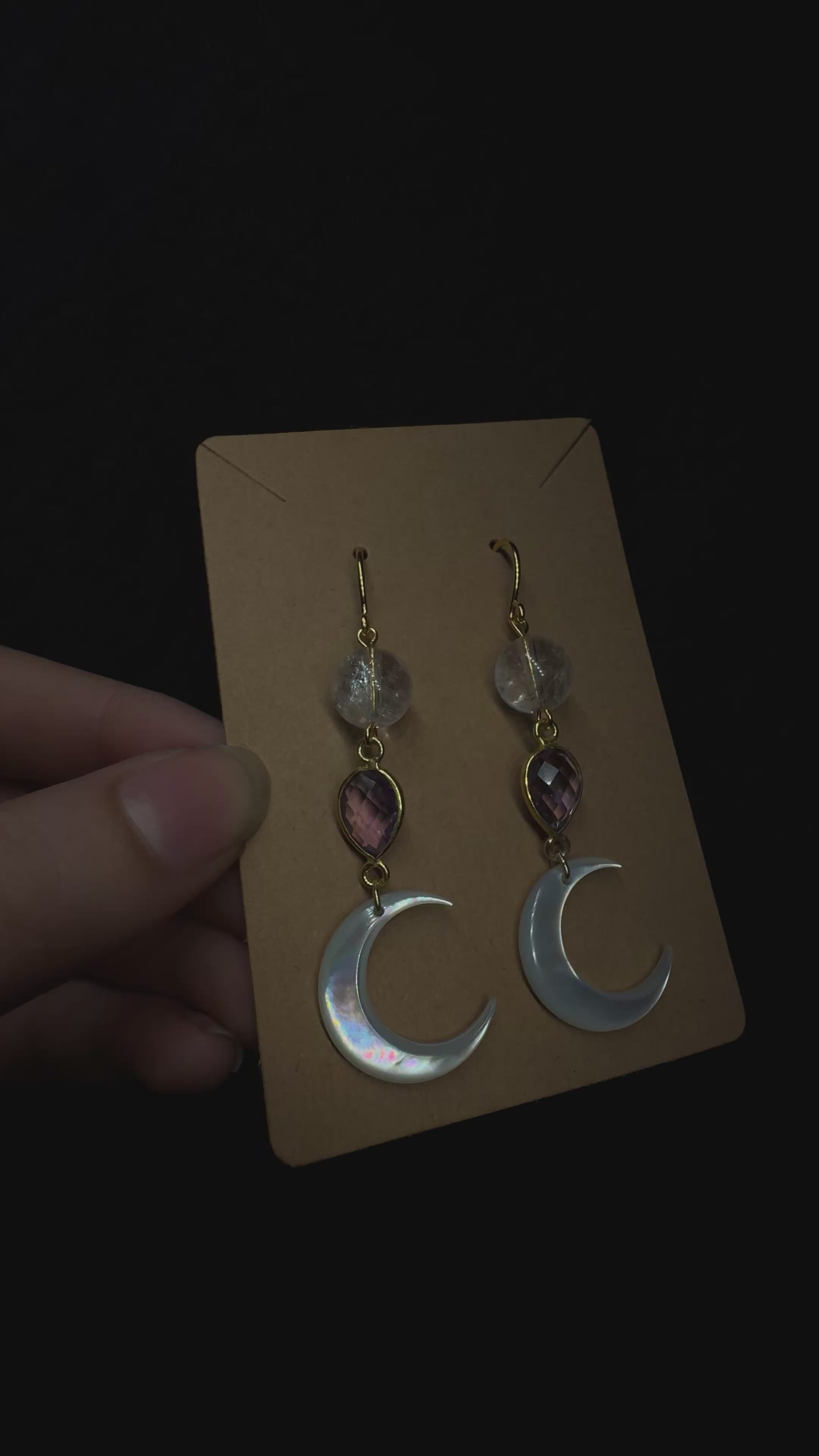 Crescent moon earrings - mother of pearl with amethyst and clear quartz