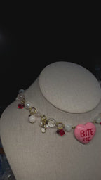 Bite Me Heart Choker Necklace - with clear quartz, pearls, rose quartz, moonstone and garneth
