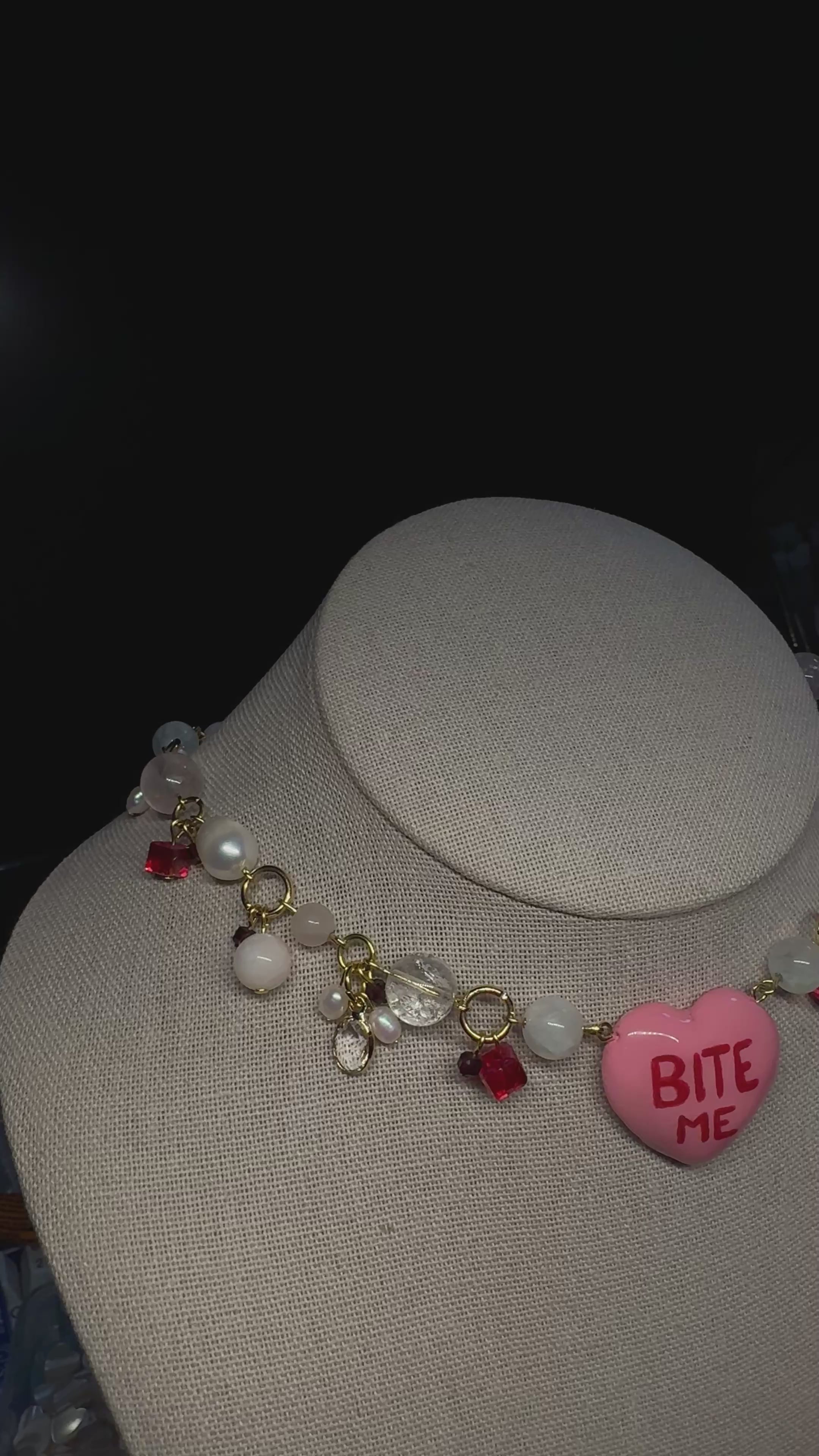 Bite Me Heart Choker Necklace - with clear quartz, pearls, rose quartz, moonstone and garneth