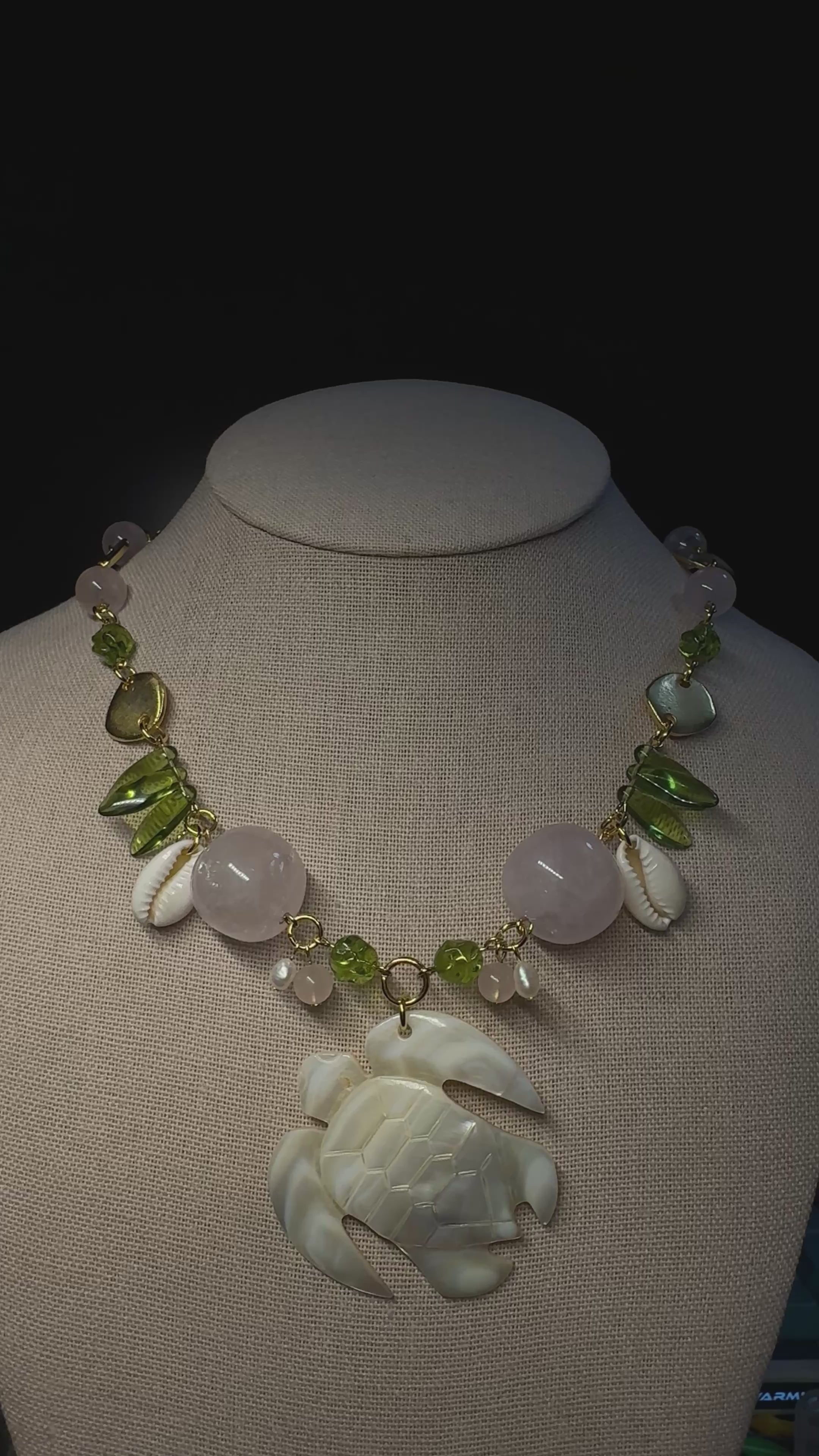 Turtle Necklace - mother of pearl with rose quartz, pearls and shells